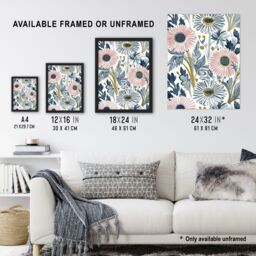 "Artery8 Pink Blue Aster Wildflowers Bright Floral Design Wall Art Print - Size: W24"" x H32""" - thumbnail 3