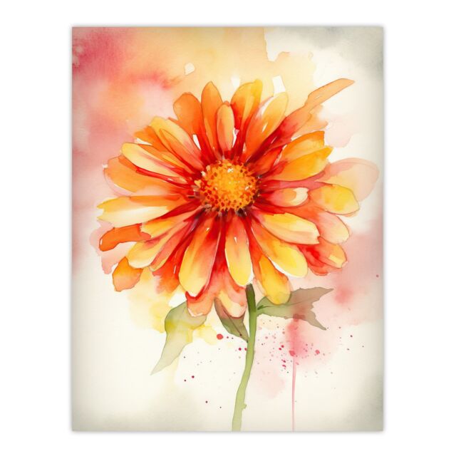 Artery8 Wall Art Print A Single Gerbera Daisy Soft Watercolour Painting Pink Green Orange Spring Bloom Flower Nature Colourful Bright Floral Modern - image 1