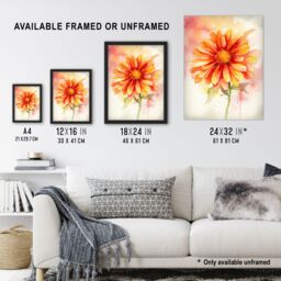 Artery8 Wall Art Print A Single Gerbera Daisy Soft Watercolour Painting Pink Green Orange Spring Bloom Flower Nature Colourful Bright Floral Modern - thumbnail 3