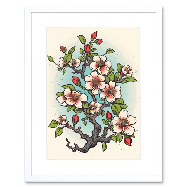 "Artery8 Wall Art Print Cherry Blossom Branch Bright Tattoo Ink Body Art Rockabilly Americana 50s Artwork Framed 9X7 Inch in White - Size: W7"" x H9""" - image 1