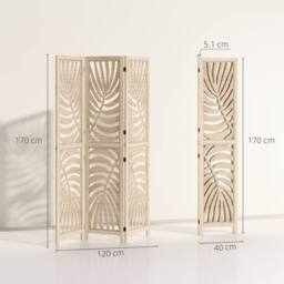 HOMCOM 3 Panel Privacy Screens with Palm Leaf Design, Natural Wood Finish - thumbnail 3