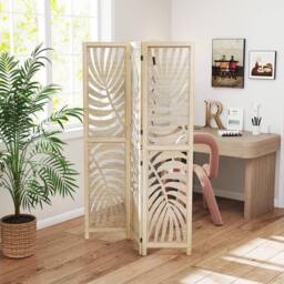 HOMCOM 3 Panel Privacy Screens with Palm Leaf Design, Natural Wood Finish