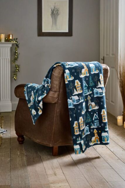 Deyongs Festive Village Fleece Throw - 140 x 180cm Soft Winter Blanket with Snowy House Print - 1846 in Navy - Size: 140 cm x 180 cm - image 1