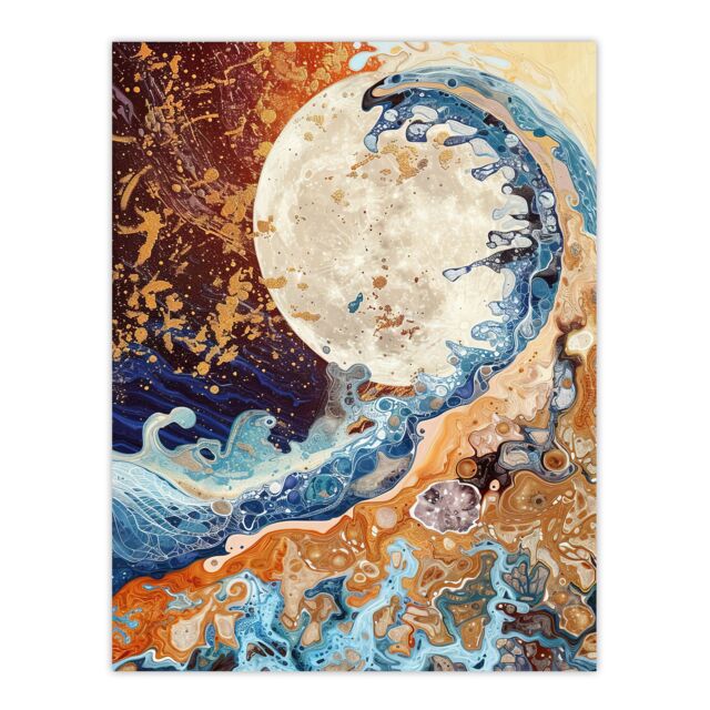 "Artery8 Full Moon Great Ocean Wave Modern Art Gold Wall Art Print in Brown - Size: W12"" x H16""" - image 1