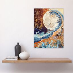 "Artery8 Full Moon Great Ocean Wave Modern Art Gold Wall Art Print in Brown - Size: W12"" x H16""" - thumbnail 4