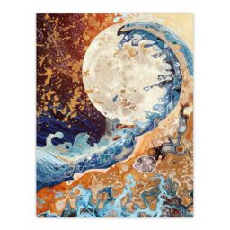 "Artery8 Full Moon Great Ocean Wave Modern Art Gold Wall Art Print in Brown - Size: W12"" x H16""" - thumbnail 1