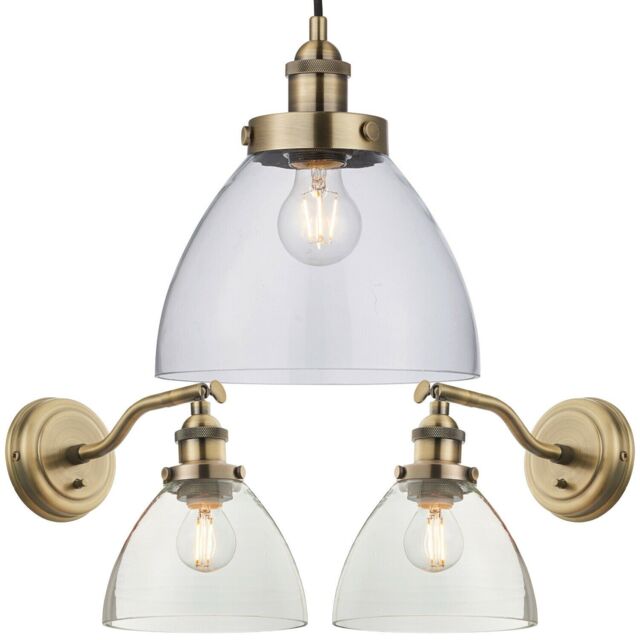 Loops Ceiling Pendant & 2x Matching Wall Light Pack Antique Brass & Clear Glass Shade - image 1