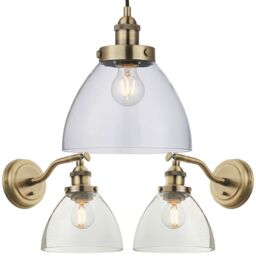 Loops Ceiling Pendant & 2x Matching Wall Light Pack Antique Brass & Clear Glass Shade - thumbnail 1