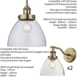 Loops Ceiling Pendant & 2x Matching Wall Light Pack Antique Brass & Clear Glass Shade - thumbnail 2