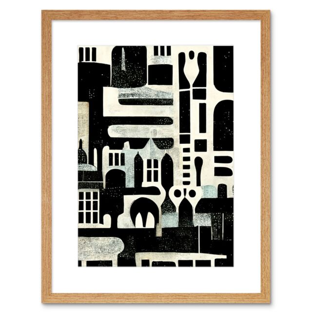 "Artery8 Wall Art Print Bold Monochrome Modern Vintage Abstract Geometric Black White Cream Grey Artwork Framed 9X7 Inch in Beige - Size: W7"" x H9""" - image 1