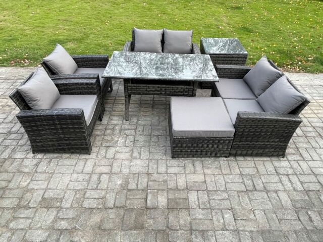 Fimous Rattan Garden Furniture Set 7 Seater Patio Outdoor Lounge Sofa Set with Oblong Dining Table Double Seat Sofa Side Table in Dark Grey