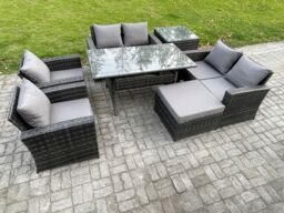 Fimous Rattan Garden Furniture Set 7 Seater Patio Outdoor Lounge Sofa Set with Oblong Dining Table Double Seat Sofa Side Table in Dark Grey - thumbnail 2