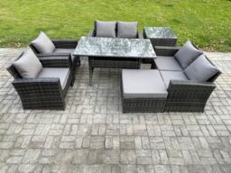 Fimous Rattan Garden Furniture Set 7 Seater Patio Outdoor Lounge Sofa Set with Oblong Dining Table Double Seat Sofa Side Table in Dark Grey - thumbnail 1
