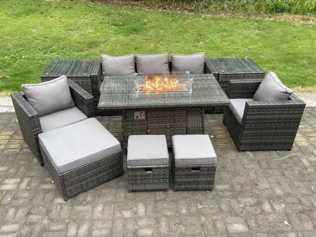 Fimous Wicker PE Rattan Garden Furniture Set Gas Fire Pit Dining Table Gas Heater Burner 8 Seater Dark Grey - image 1