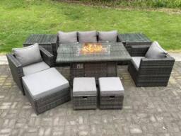 Fimous Wicker PE Rattan Garden Furniture Set Gas Fire Pit Dining Table Gas Heater Burner 8 Seater Dark Grey - thumbnail 1