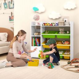 Gymax Kids Bookcase Toy Chest With 8 Boxes & 2 Open Shelves Playroom Storage in White - thumbnail 6