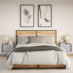 Berkfield Home Wall-mounted Bedside Cabinets with LED Lights 2 pcs Grey Sonoma - thumbnail 4