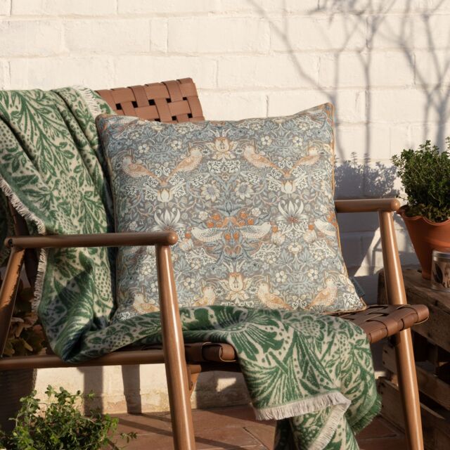 Morris & Co Strawberry Thief Piped Outdoor Cushion in Beige - Size: 50 cm x 50 cm - image 1