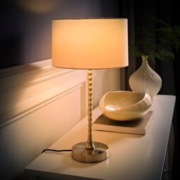 ValueLights Maeve Fabric Drum Lamp Shade Brushed Chrome Bobbin Bobble Table Lamp with Bulb in White - thumbnail 3