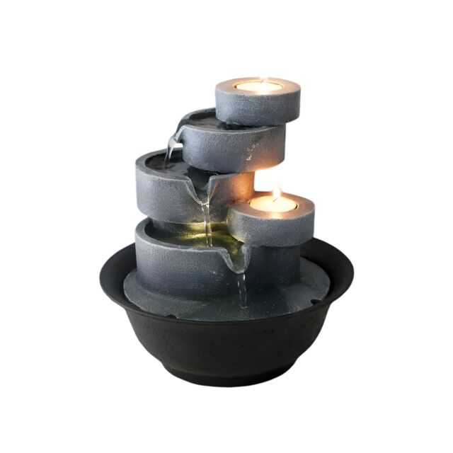 Primrose Slate Effect Cascading Bowls Tabletop Water Feature with LED Lights 21cm in Grey - image 1