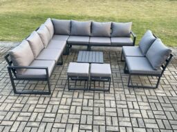Fimous 11 Seater Patio Outdoor Garden Furniture Aluminium Lounge Corner Sofa Set with Square Coffee Table with 2 Small Footstools Dark Grey - thumbnail 2