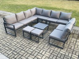 Fimous 11 Seater Patio Outdoor Garden Furniture Aluminium Lounge Corner Sofa Set with Square Coffee Table with 2 Small Footstools Dark Grey - thumbnail 1