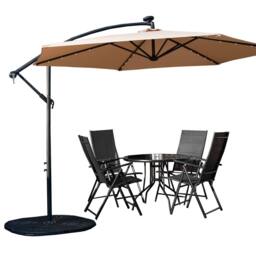Samuel Alexander 4 Person Round Glass Top Table Chairs. Beige Banana Lit Parasol & Base in Black