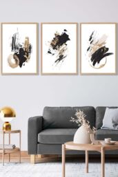 ARTZE Set of 3 Oak Framed Abstract Black Ivory & Gold Oil Strokes Wall Art - Size: W45 cm x H62 cm x D20mm