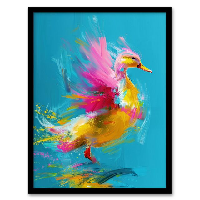 "Artery8 Wall Art Print Flying Yellow Pink Duck Abstract Oil Painting Art Framed Poster in Black - Size: W12"" x H16""" - image 1