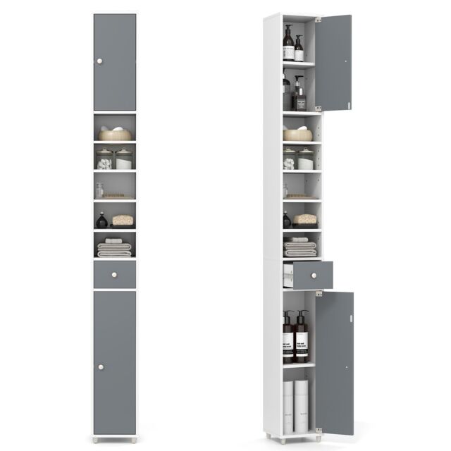 Gymax Slim Bathroom Tall Cabinet Narrow Linen Tower With 2 Door & 1 Drawer - image 1