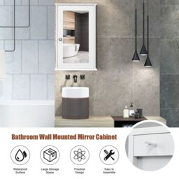 Costway Bathroom Mirror Cabinet Wall Mounted Storage Cupboard Mirrored Medicine Cabinet in White - thumbnail 5