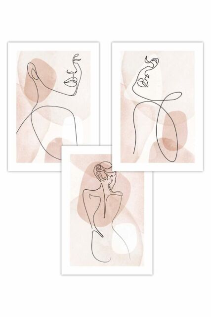 ARTZE Set of 3 Coral Pink Abstract Line Art Female Art Posters - Size: W50 cm x H70 cm - image 1