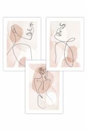 ARTZE Set of 3 Coral Pink Abstract Line Art Female Art Posters - Size: W50 cm x H70 cm - thumbnail 1