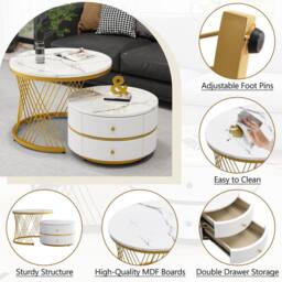 BTM High Gloss Round Nesting Coffee Table Marble Storage White Black - thumbnail 4