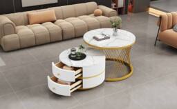 BTM High Gloss Round Nesting Coffee Table Marble Storage White Black - thumbnail 3