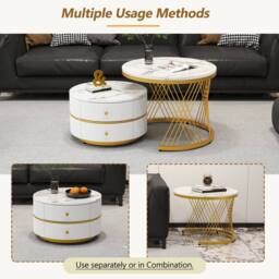 BTM High Gloss Round Nesting Coffee Table Marble Storage White Black - thumbnail 9