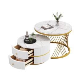 BTM High Gloss Round Nesting Coffee Table Marble Storage White Black - thumbnail 5