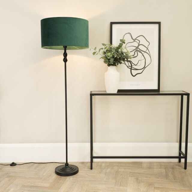 ValueLights Maggie Black Metal Candlestick Floor Lamp with Velvet Lamp Shade in Bottle Green - image 1