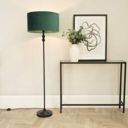 ValueLights Maggie Black Metal Candlestick Floor Lamp with Velvet Lamp Shade in Bottle Green - thumbnail 1
