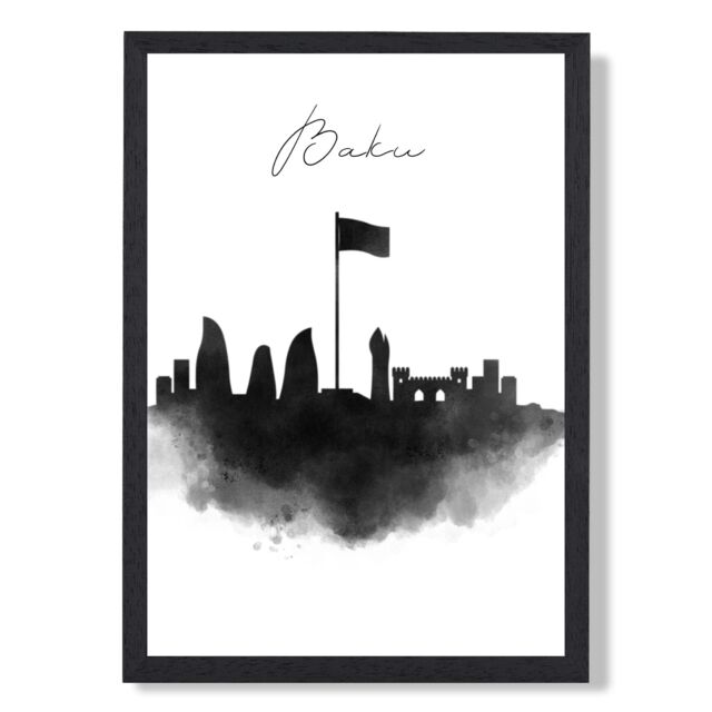 ARTZE Baku Watercolour Skyline City Framed Print SIZE: A2 with Black Frame - Size: A4 - image 1