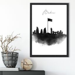 ARTZE Baku Watercolour Skyline City Framed Print SIZE: A2 with Black Frame - Size: A4 - thumbnail 2