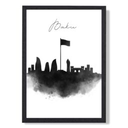 ARTZE Baku Watercolour Skyline City Framed Print SIZE: A2 with Black Frame - Size: A4 - thumbnail 1