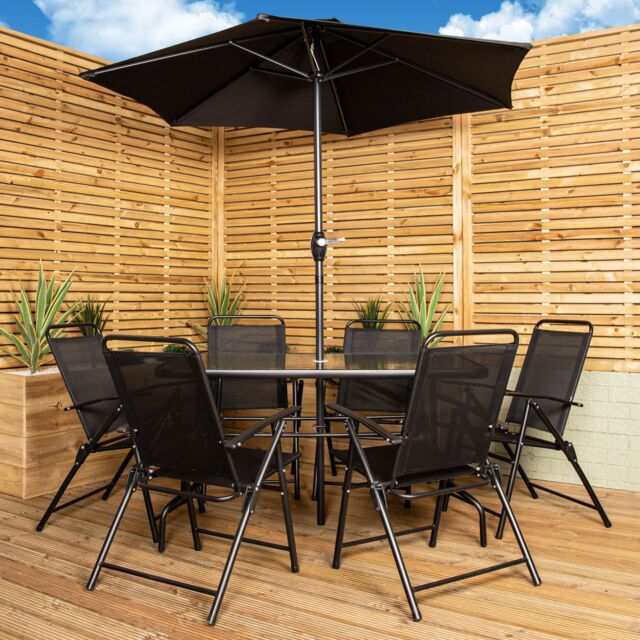Samuel Alexander Outdoor 6 Seater Glass Top Table & Chairs Patio Set with Parasol in Black - image 1