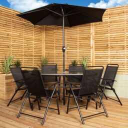 Samuel Alexander Outdoor 6 Seater Glass Top Table & Chairs Patio Set with Parasol in Black