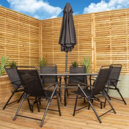 Samuel Alexander Outdoor 6 Seater Glass Top Table & Chairs Patio Set with Parasol in Black - thumbnail 2