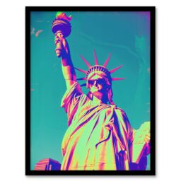 Artery8 Wall Art Print Statue of Liberty Sunglasses Vibrant Neon Design Art Framed Poster in Black - Size: A4 - thumbnail 1