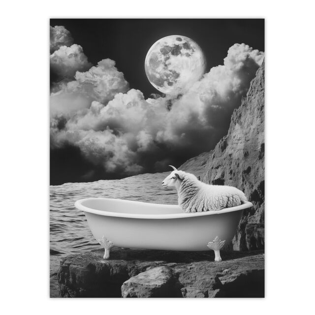 "Artery8 Sheep in Bathtub Surreal Black White Full Moon Wall Art Print in Grey - Size: W24"" x H32""" - image 1
