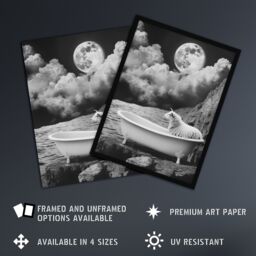 "Artery8 Sheep in Bathtub Surreal Black White Full Moon Wall Art Print in Grey - Size: W24"" x H32""" - thumbnail 2