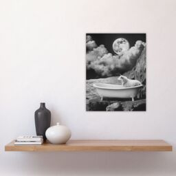 "Artery8 Sheep in Bathtub Surreal Black White Full Moon Wall Art Print in Grey - Size: W24"" x H32""" - thumbnail 4