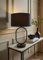 ValueLights Antonia Fabric Drum Lamp Shade Matte Black Oval Table Lamp with Bulb in Charcoal - thumbnail 2